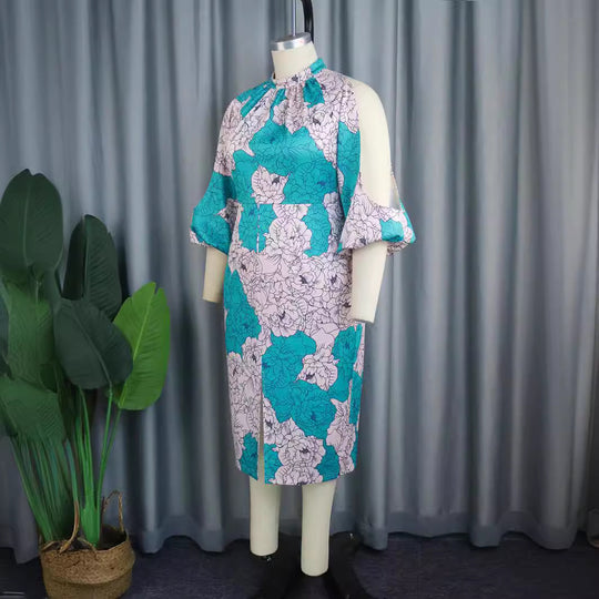 Damen elegantes Wickelkleid mit floralem Muster und modischen Cut-Out-Ärmeln EB
