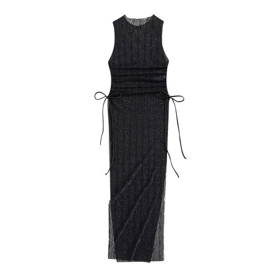Damen Maxikleid mit taillierter Silhouette und elastischen Bindebändern EB