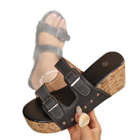 Damen Wedge-Pantoletten mit dekorativem Kork-Design EB