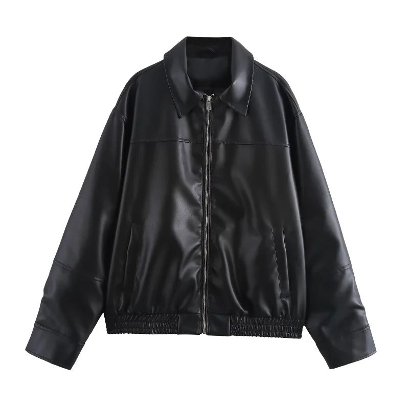Damen modische Kunstlederjacke mit elastischem Bund EB