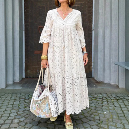 Damen Maxikleid mit femininen Rüschendetails und luftiger Baumwollstruktur Heidi-Mode