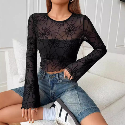 Damen nan transparentes Netztop mit samtigem Spinnennetzprint und bauchfreiem Schnitt R&B