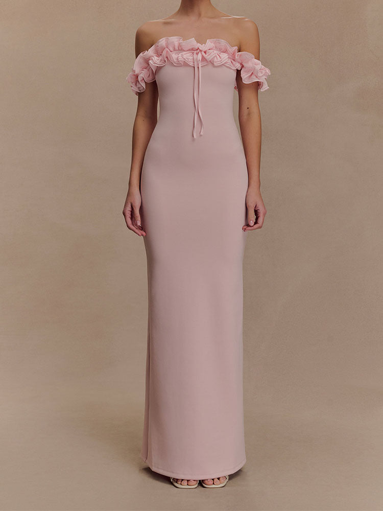 Damen Elegantes, schulterfreies Maxikleid mit Rüschendetails EB