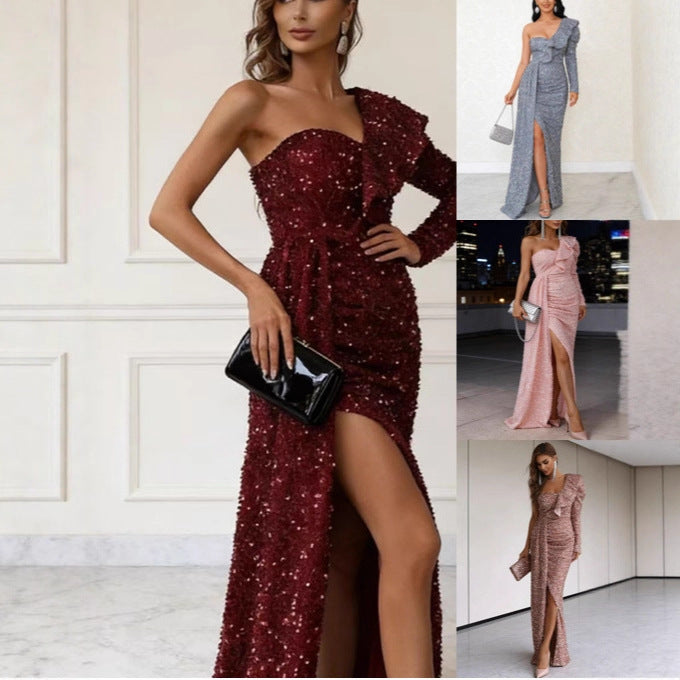 Damen Glamouröses Abendkleid mit asymmetrischem Cut und funkelnden Pailletten EB