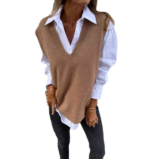 Damen lässiger Strickpullover mit V-Ausschnitt EB