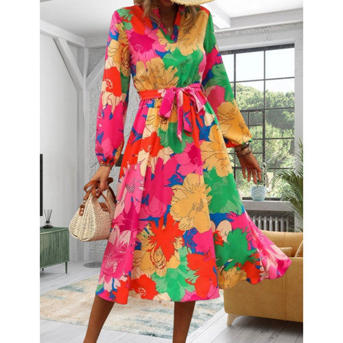 Damen Maxi-Kleid mit floralen Mustern und schwingendem Rock EB