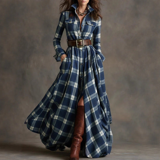 Damen nan karierte Maxikleid Hemdblusenkleid mit ausgestelltem Rock und breitem Taillengürtel EB