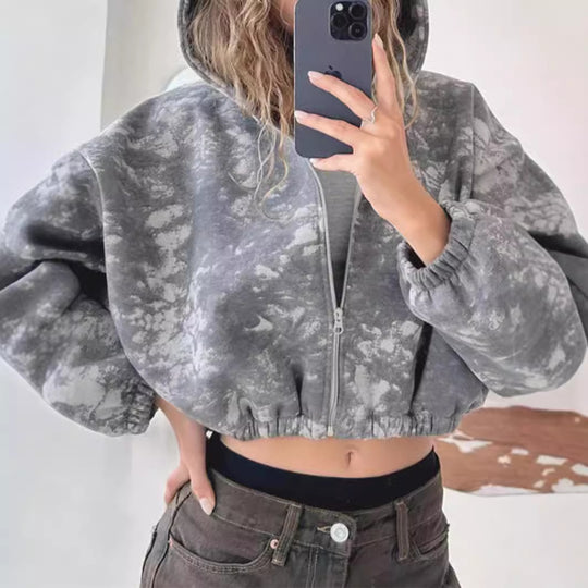 Damen nan kurzes Zip-Hoodie mit Used-Effekt, Kapuze und elastischem Saum EB