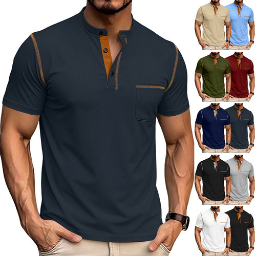 Herren nan kurzärmeliges Henley-Shirt mit Stehkragen, Brusttasche und kontrastierenden Ziernähten EB