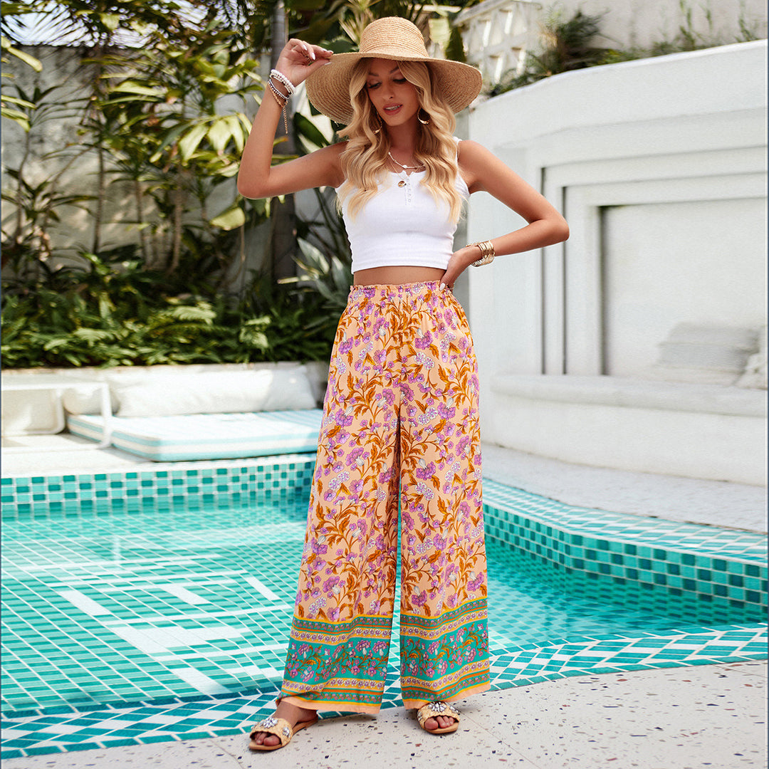 Damen nan weite Palazzohose mit gerafftem Bund, seitlichen Eingrifftaschen und floraler Boho-Print EB