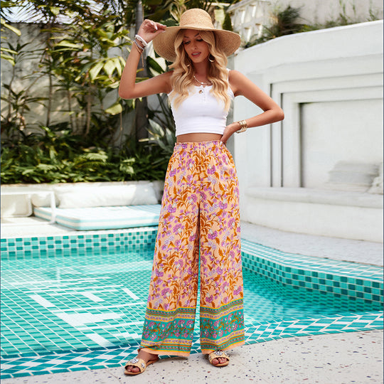 Damen nan weite Palazzohose mit gerafftem Bund, seitlichen Eingrifftaschen und floraler Boho-Print EB