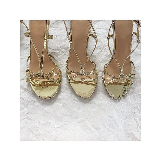 Damen elegante High Heel Sandalen mit feinen Riemchen und glitzerndem Detail EB
