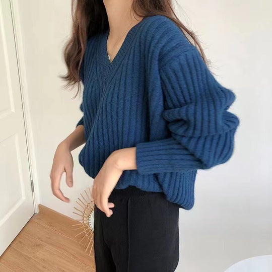 Damen Viskose-Strickpullover mit V-Ausschnitt und geripptem Design EB