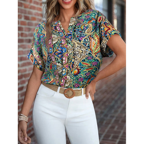 Damen Kurzarm Bluse mit buntem Druck und V-Ausschnitt EB