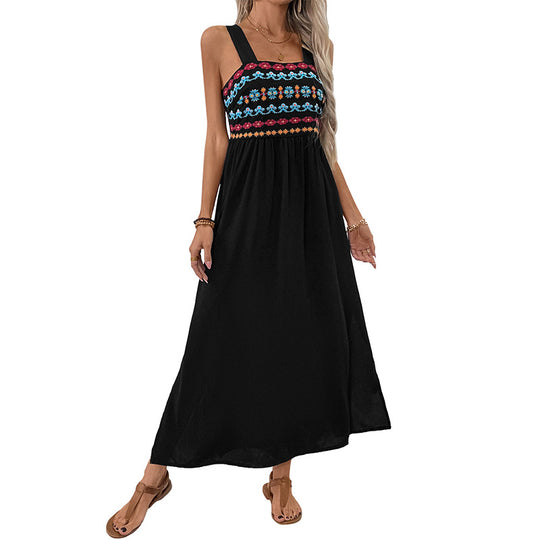 Damen Sommerliches Maxikleid mit buntem Stickdesign und breiten Trägern EB