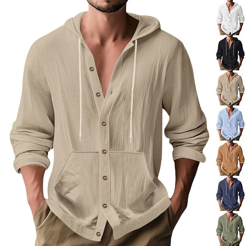 Herren nan knopfverschlossene Kapuzenhemdjacke aus leichtem Baumwollmix mit Kängurutasche EB