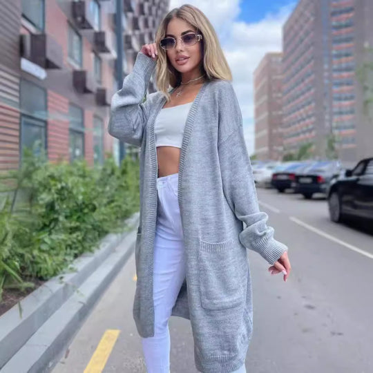 Damen gemütliche Strickjacke mit praktischen Taschen und offenem Schnitt EB