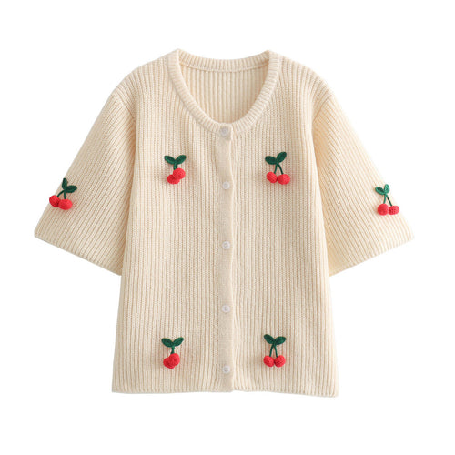 Damen lässiger und gestreifter Strickcardigan mit reizendem Kirschmuster EB