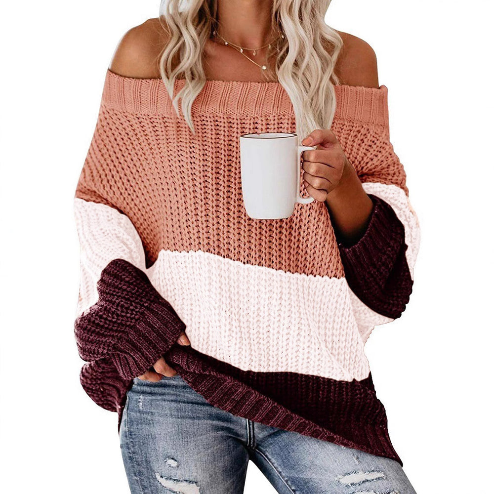Damen lässiger Grobstrickpullover mit Off-Shoulder Design und dekorativer Farbkombination EB
