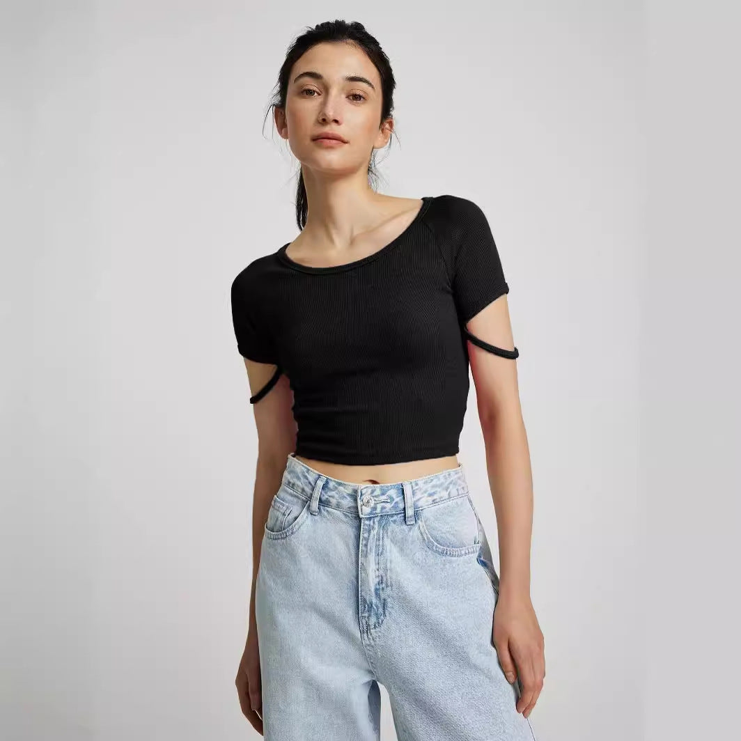 Damen kurzärmliges enganliegendes Crop-Top mit Rundhalsausschnitt EB