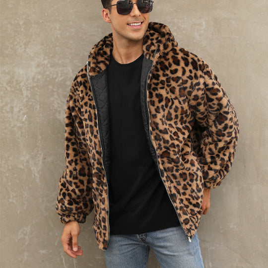 Herren kuschelige Fleecejacke im Leopardenmuster EB
