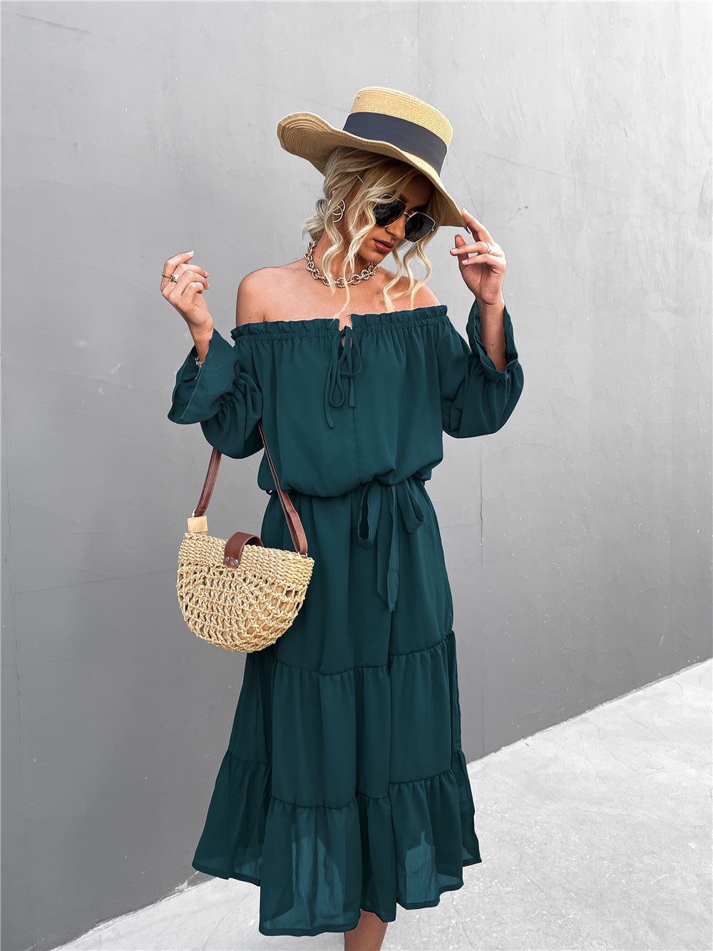 Damen lässiges Off-Shoulder Kleid mit Rüschensaum und Taillengürtel EB