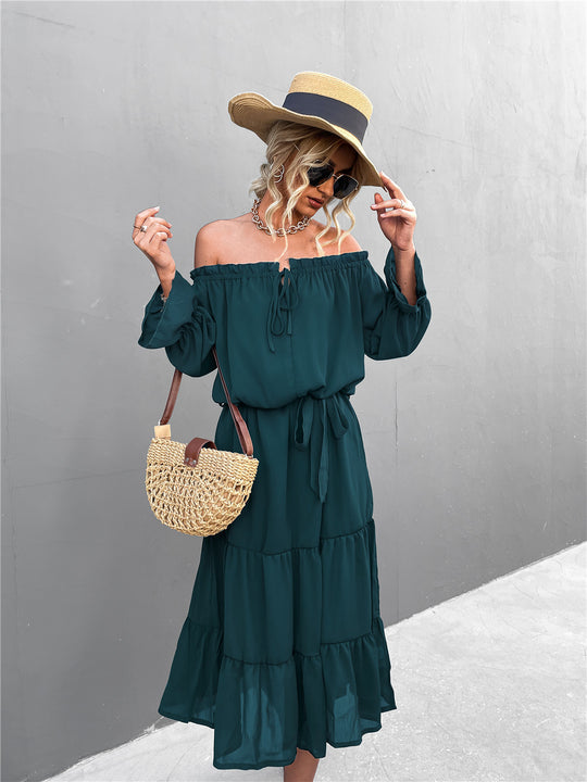 Damen lässiges Off-Shoulder Kleid mit Rüschensaum und Taillengürtel EB
