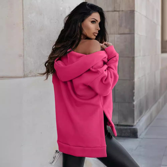 Damen Modischer Kapuzen-Zip-Hoodie mit praktischen Taschen und glänzendem Reißverschluss EB