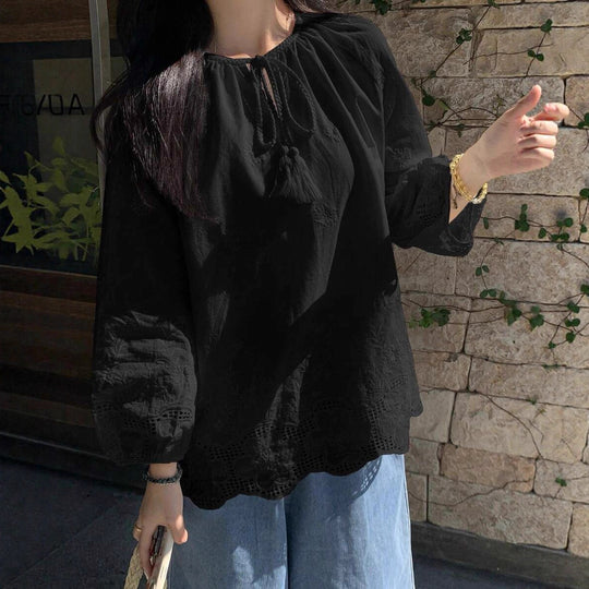 Damen zeitlose Bluse mit besticktem Spitzenbesatz und Bindeband EB