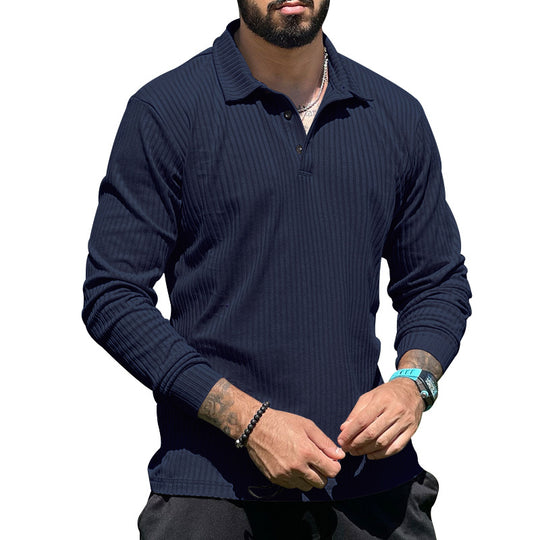 Herren nan geripptes Langarm-Poloshirt mit Henley-Knopfleiste und elastischem Baumwollstretch EB