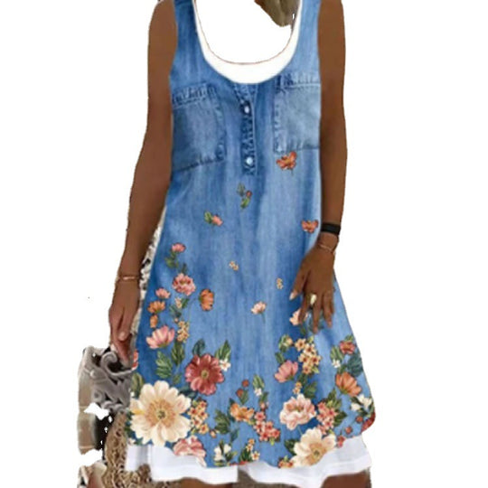 Damen Jeanskleid mit floralem Design und Knopfleiste EB