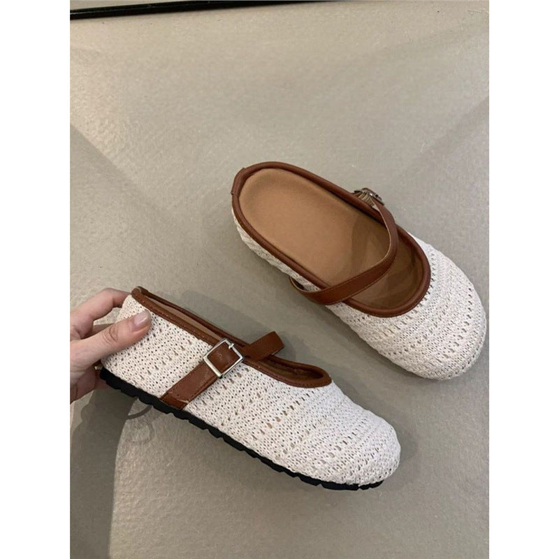 Damen elegante Clogs mit handgearbeitetem Strickmuster und verstellbarem Riemen EB