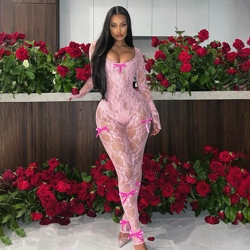 Damen Eleganter Jumpsuit mit Spitzenmuster und dekorativen Schleifen EB
