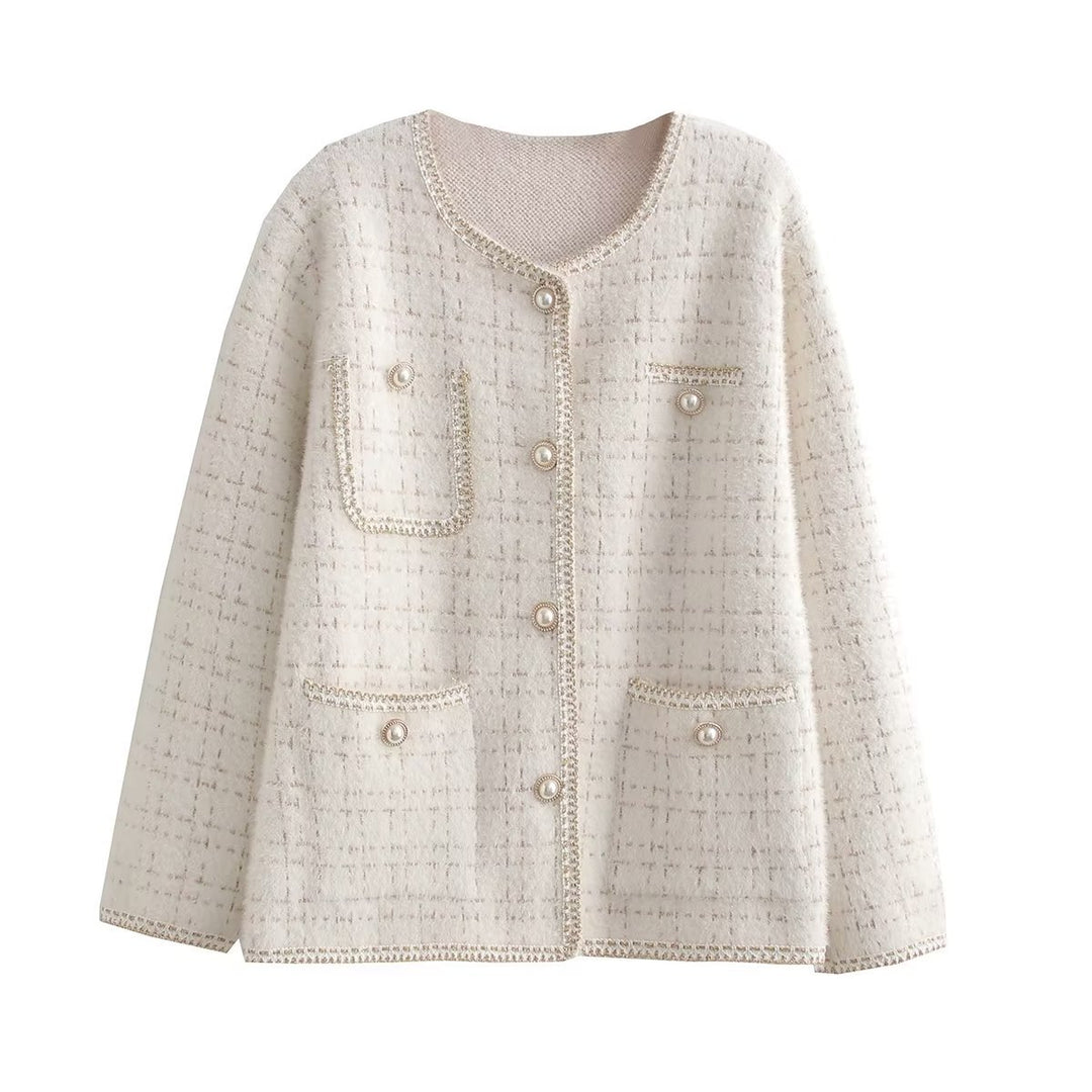 Damen Strukturierte Bouclé-Jacke mit dekorativen Perlen und Taschen EB