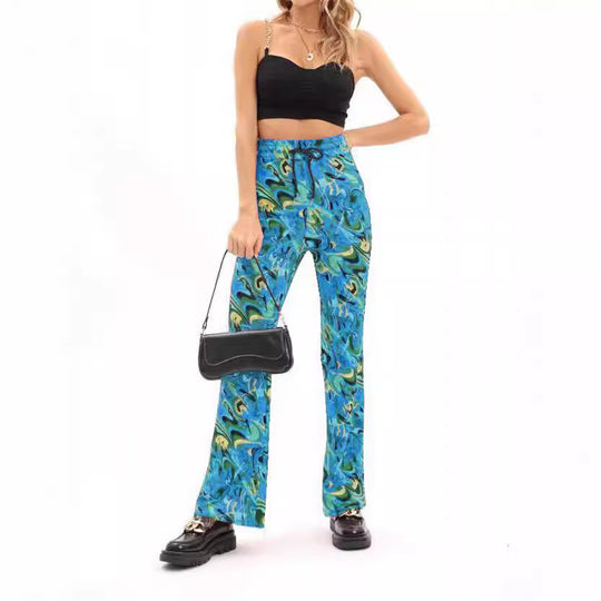 Damen weite Palazzo-Hose mit modischem Wellenmuster und elastischem Bund EB