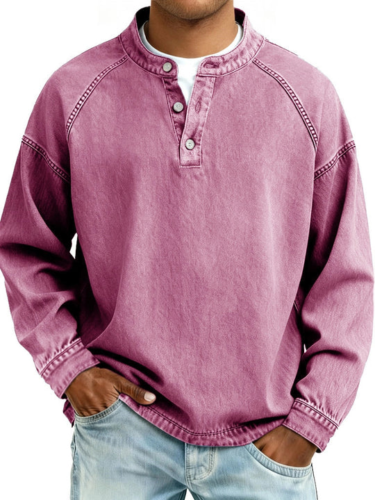 Herren nan verwaschenes Henley-Shirt mit Stehkragen, lockerer Passform und Knopfleiste EB