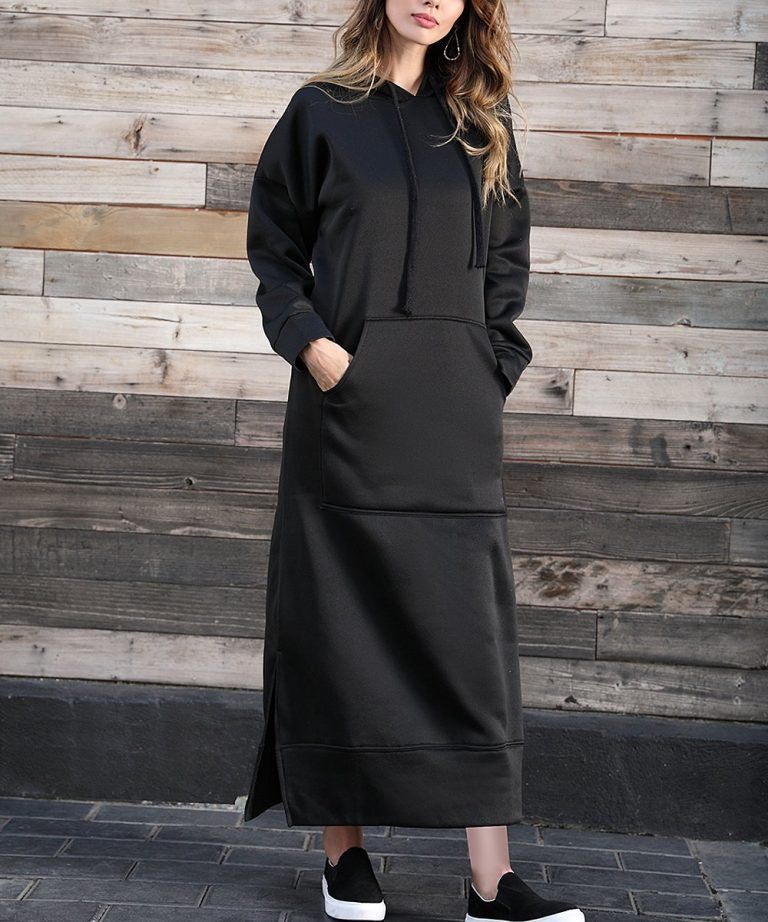 Damen nan langes Kapuzen-Sweatkleid mit Kängurutasche, Seitenschlitzen und lockerer Oversize-Passform EB