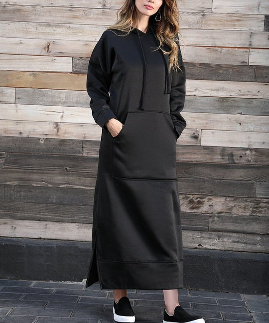 Damen nan langes Kapuzen-Sweatkleid mit Kängurutasche, Seitenschlitzen und lockerer Oversize-Passform EB