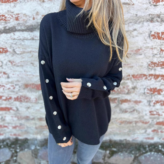 Damen weicher Rollkragenpullover mit modischen Knopfdetails EB