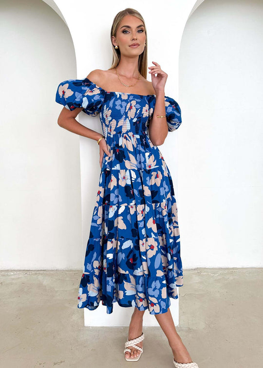 Damen Maxikleid mit Puffärmeln und floralem Smocking EB