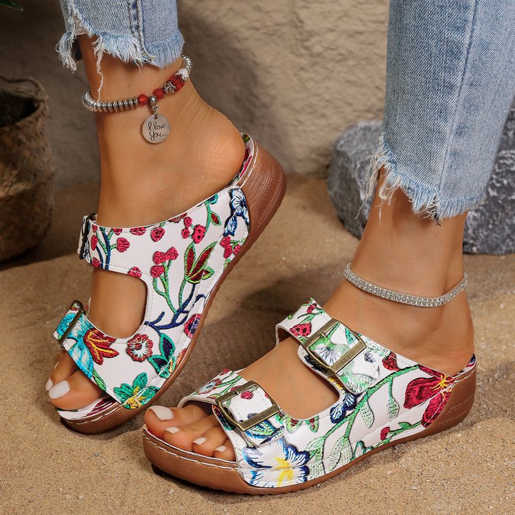 Damen komfortable Sandalen mit floralem Print und verstellbaren Riemen EB
