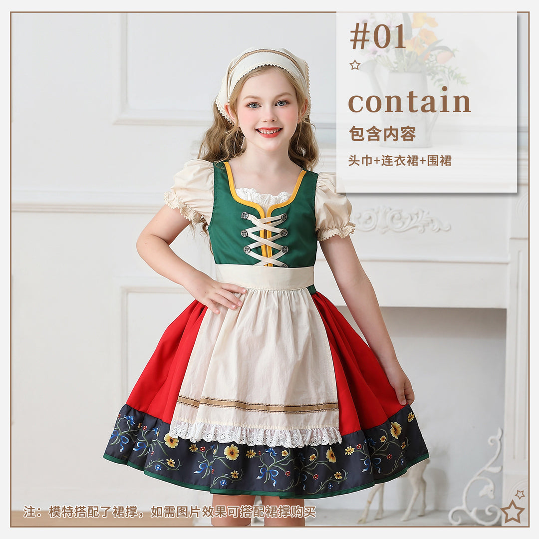 Damen nan traditionelles Kinderdirndl Kleid mit dekorativer Schnürung Schürze und Spitzenkopftuch EB