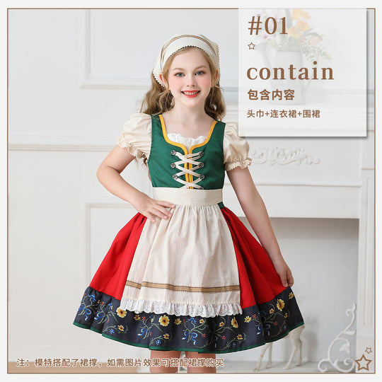 Damen nan traditionelles Kinderdirndl Kleid mit dekorativer Schnürung Schürze und Spitzenkopftuch EB