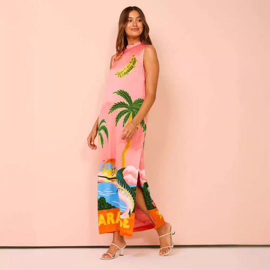 Damen Maxikleid mit buntem Tropenmotiv und lässigem Schnitt EB