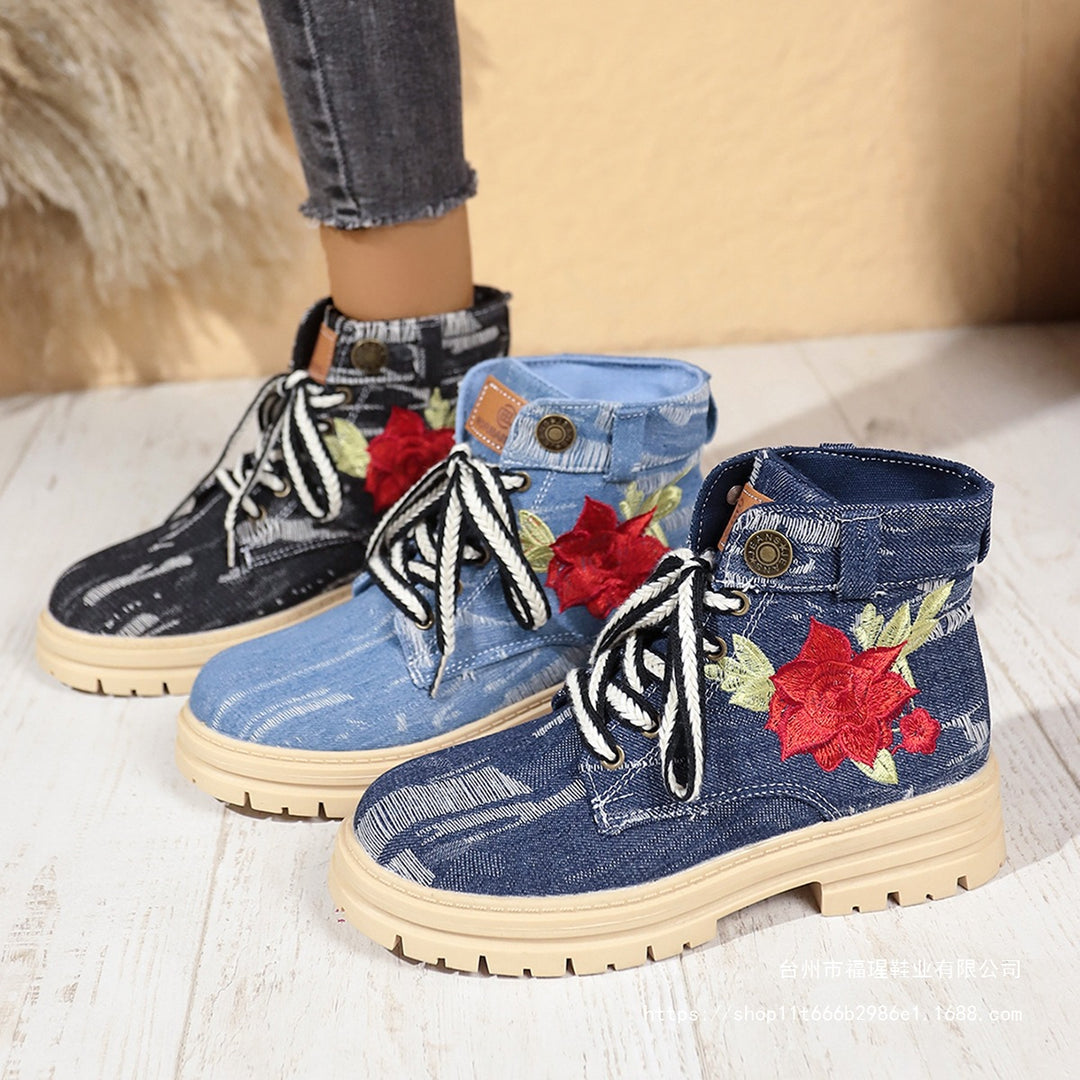 Damen Modische Schnürstiefeletten mit floralem Stickmuster und rutschfester Sohle EB