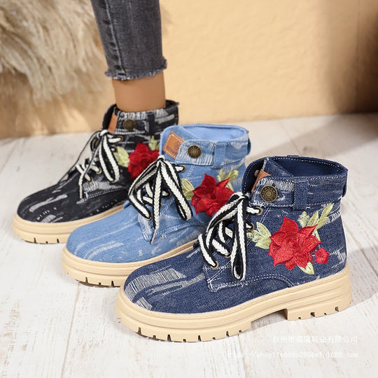 Damen Modische Schnürstiefeletten mit floralem Stickmuster und rutschfester Sohle EB