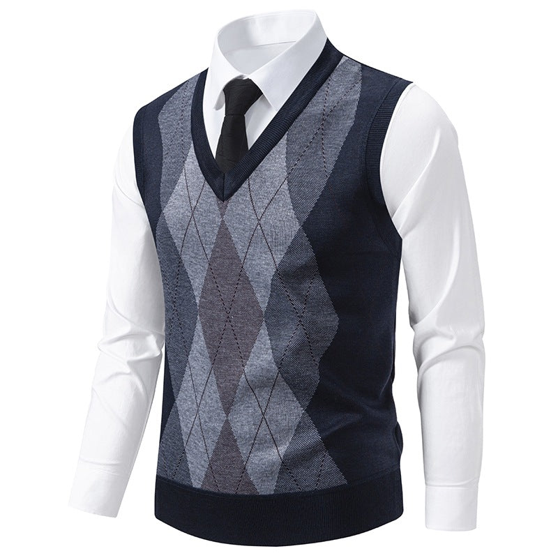 Herren V-Ausschnitt Strickpullover mit elegantem Rautenmuster EB
