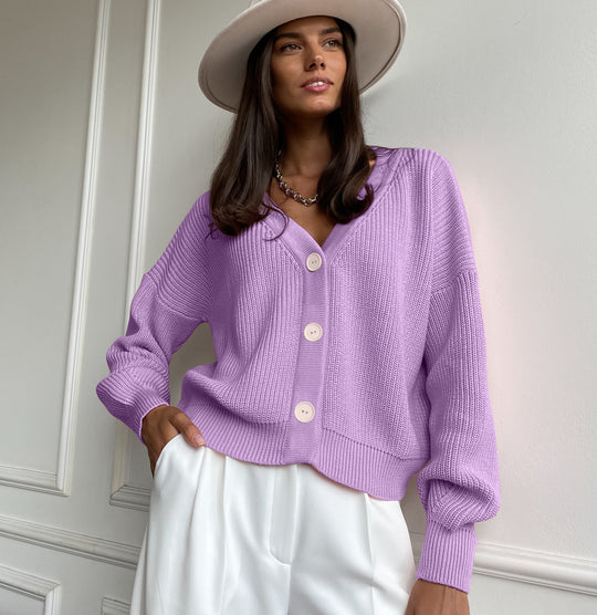 Damen kuschelige Strickjacke mit umschlagbaren Ärmeln und modischen Knopfdetails EB