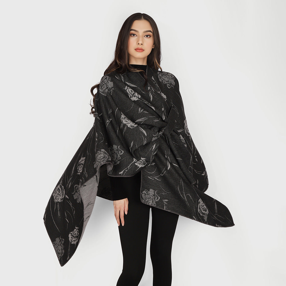 Damen Beidseitig tragbarer Jacquard-Überwurf mit Rosenmuster und Bindegürtel EB