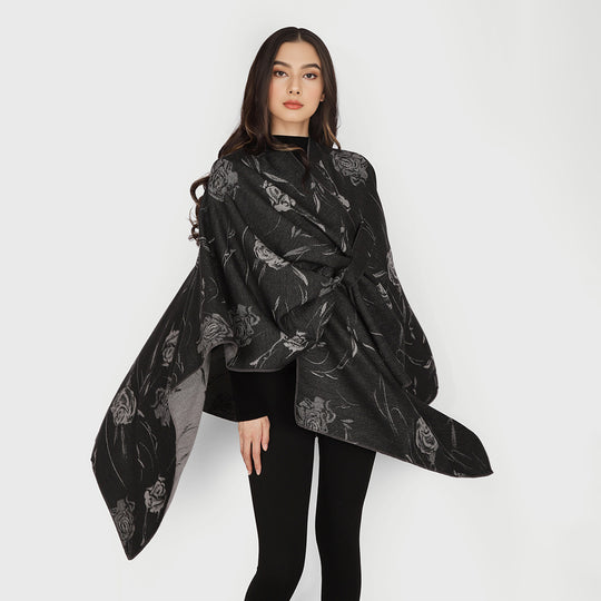 Damen Beidseitig tragbarer Jacquard-Überwurf mit Rosenmuster und Bindegürtel EB